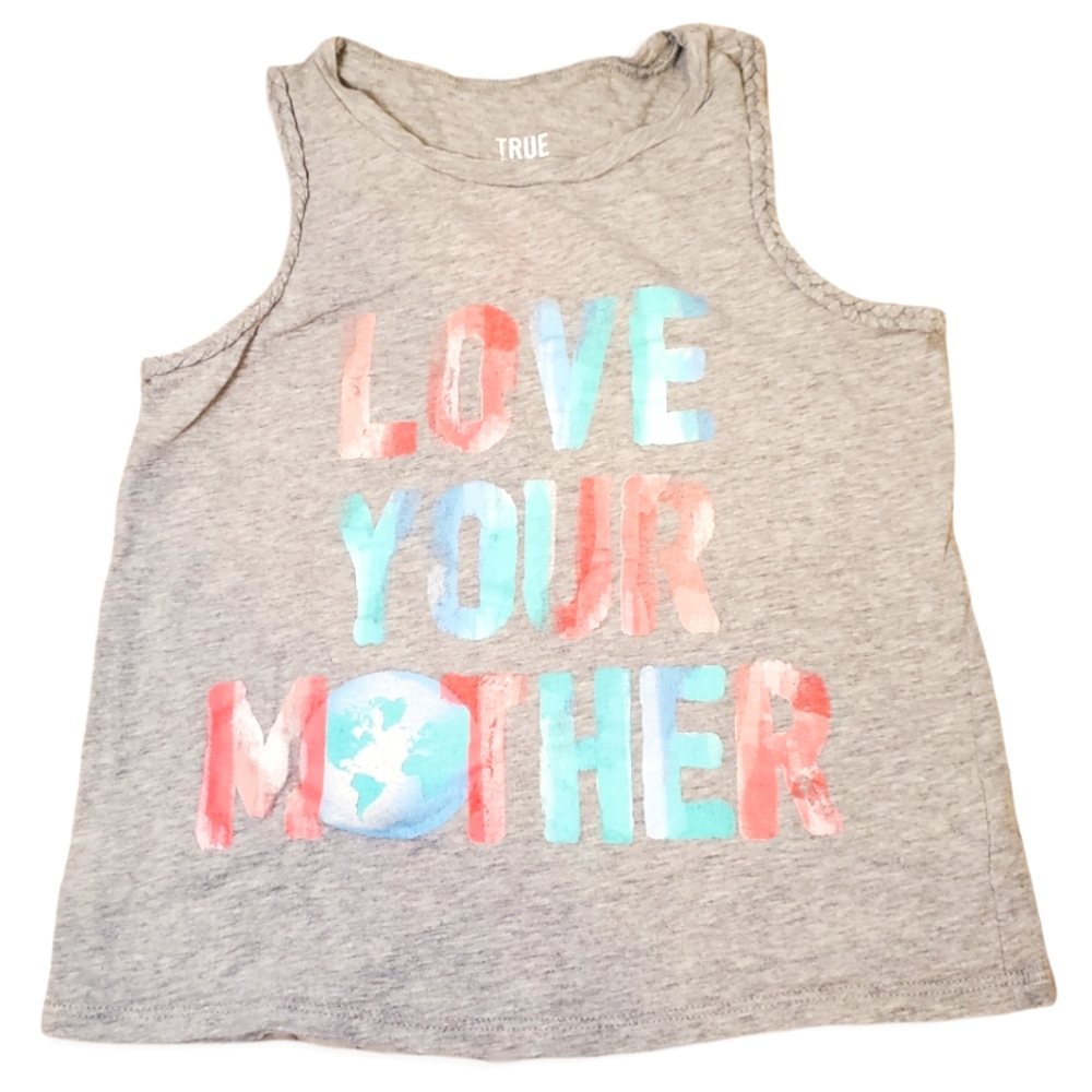 TRUE CRAFT | Girl's heathered-gray Love Your Mother braided tanktop. Size 7.